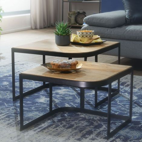 Lot de 2 tables en manguier massif naturel et piétement en fer (1/5)