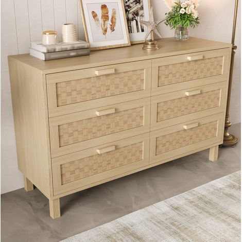 Commode 120x40x75 cm coloris naturel en panneaux de particules avec 6 tiroirs effet rotin (1/5)
