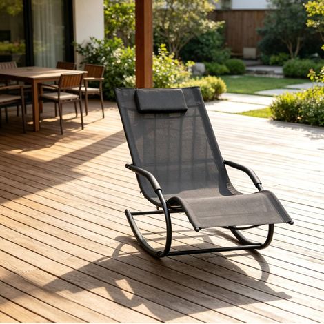 Fauteuil à bascule extérieur en métal galvanisé et tissu respirant noir 62x150x84 cm (1/5)