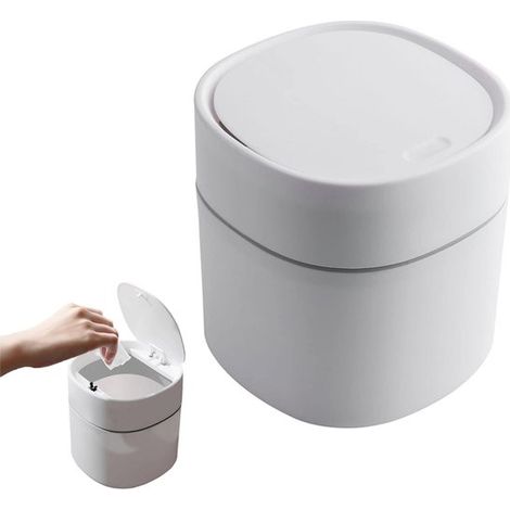 Papelera de sobremesa con tapa, 2 litros, Papelera portátil pequeña, Cubo de basura de sobremesa, tocador, mesita de noche, etc, Blanca (1/5)
