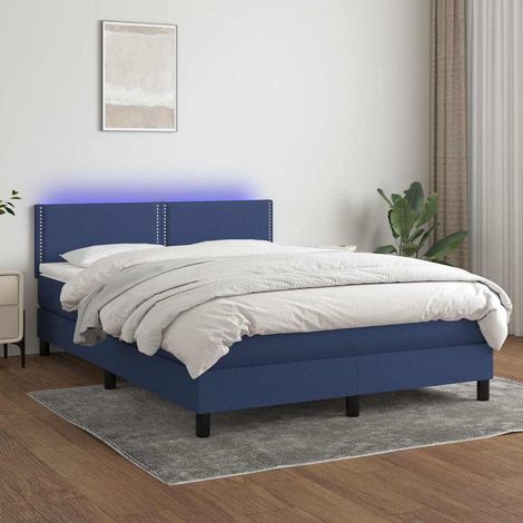 Cama box spring colchón y luces LED tela azul 140x200 cm (1/5)