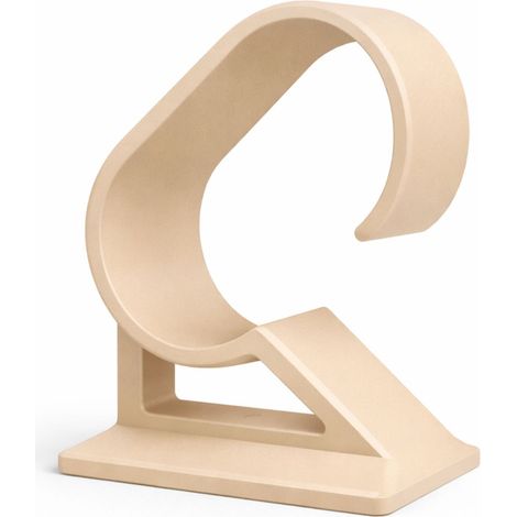 Soporte minimalista beige para exhibir relojes en un escritorio o tocador.
