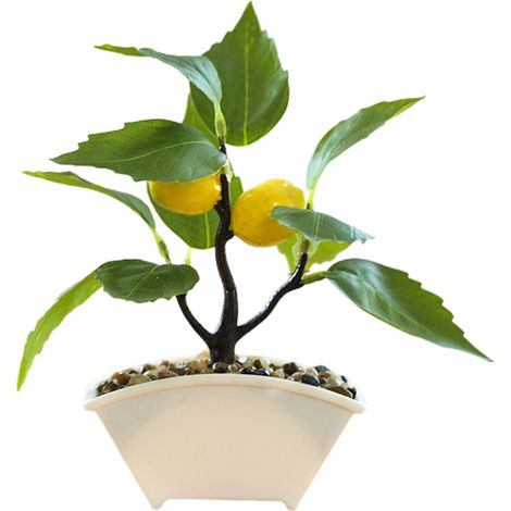 Citron artificiel en pot, plante fruitée artificielle réaliste, 16 cm, à fixer au mur, sur une étagère ou un rebord de fenêtre. (1/2)