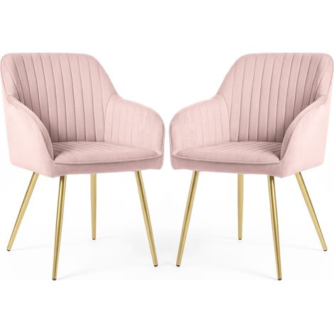 Lot de 2 Chaises en velours à surpiqûres FLORENCE Rose Poudré pieds dorés (1/5)