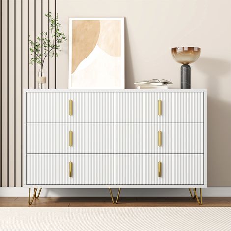 Credenza in truciolare bianco e oro 120 x 40 x 77 cm, 6 cassetti, design ondulato