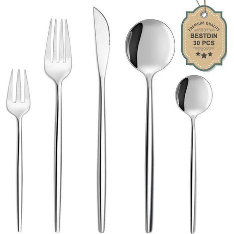 couverts de table pour 6 personnes 30 pièces en acier inoxydable avec couteau fourchette cuillère couverts en 30P 30p-silver (1/5)