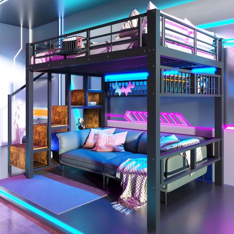 Lit mezzanine 140x200cm avec bande lumineuse LED,escalier avec rangement,métal Lit superposé avec grille,cadres de lit double,sans matelas(Noir)