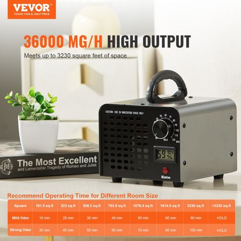 Générateur d'Ozone Purificateur d'Air 36000 mg/h Générateur O3 pour Éliminer les Odeurs Commercial Industriel 115 W Grande Capacité Minuterie 0-120 min pour Chambres Voitures Animaux Domestiques (1/5)