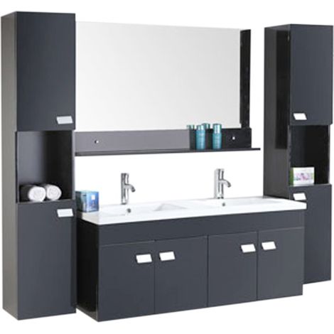 Ensemble de meubles de salle de bain 120 cm – 2 lavabos en céramique blanche – 4 portes – Miroir 110 x 60 cm – MDF noir – Eliteshopping (1/5)