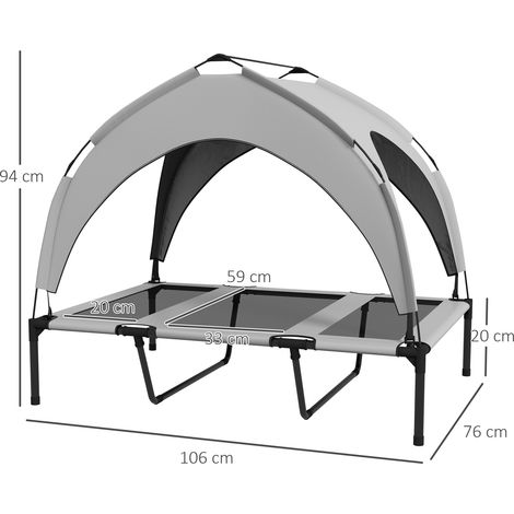 Couchage surélevé pour chien avec toit, transat extérieur pour gros chien, tissu Oxford gris clair, respirant, avec auvent, 106 x 76 x 94 cm, lit d'été pour animal. (1/5)