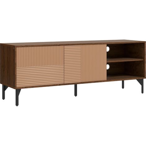 Meuble TV pour téléviseur jusqu'à 65 pouces avec 2 placards et compartiments ouverts, meuble bas avec passe-câbles, en bois, 150 x 40 x 56 cm, marron
