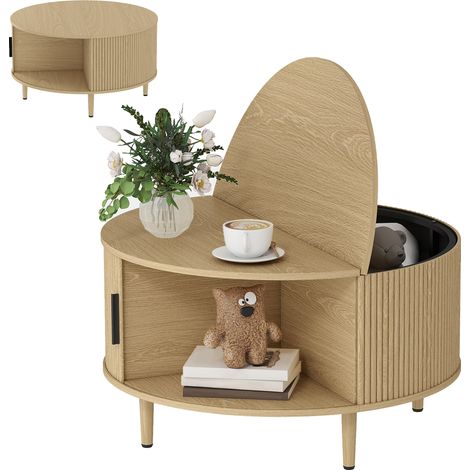 Table basse ronde - HOMCOM - plateau relevable - avec porte coulissante - bois - 80 x 80 x 45,8 cm - bois naturel (1/5)