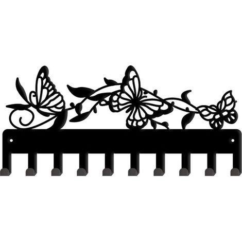 Schmetterlingsförmiger, wandmontierter Schlüsselhalter mit 10 Haken, schwarzem Rankenmuster, aus Eisen, dekorativer Organizer für Taschen, Kleidung und Schlüssel. (1/5)