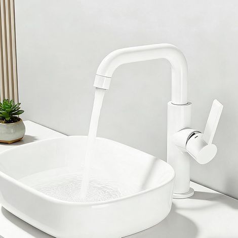 Robinet Vasque à Poser, Mitigeur Haut Pour Salle de Bains, Robinet de Lavabo Haut Rotatif à 360°, Matériau en Acier Inoxydable Résistant à L'usure, Mousseur Remplaçable, Blanc (1/5)