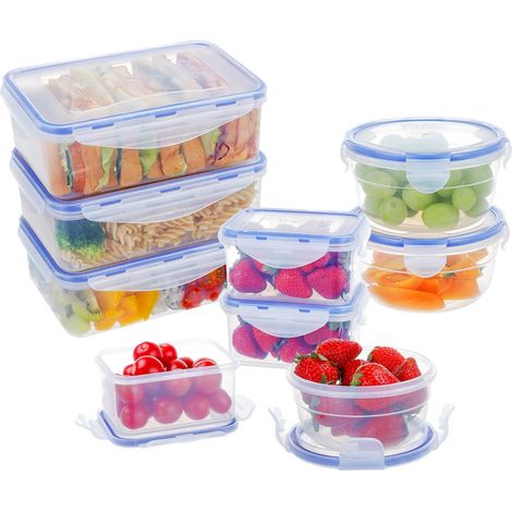 Lot de 9 boîtes de conservation en plastique avec couvercle (1150 ml x 3 + 300 ml x 3 + 180 ml x 3) - Boîte de rangement avec couvercle - Pour la cuisine - Vaisselle au micro-ondes - Lot de (1/5)