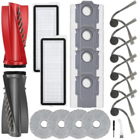 Lot de 20 Accessoires de Rechange pour Aspirateur Robot Roborock Qrevo Curv/S5X/Qrevo Edge,1 Paire de Brosse Principale,6 Brosses Latérales,4 Tampons de Nettoyage,4 Sacs à Poussière,2 Filtres HEPA (1/4)