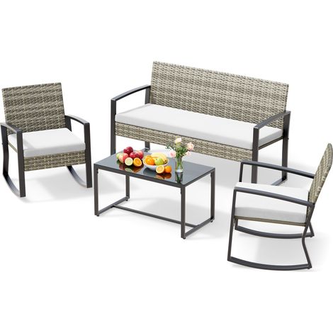 Conjunto de Muebles de Jardín para 4 Personas con Tejido de Ratán Bealife Salón en PE con Cojines Silla Doble 2 Sillas Individuales y 1 Mesa de Cristal para Patios Exteriores Gris Claro (1/5)