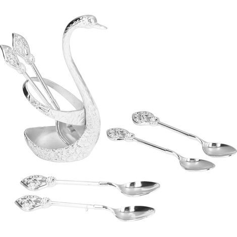 Porte-cuillère à café orné d'un élégant cygne, en alliage de zinc à finition gaufrée et polie miroir brillant  porte-agitateur à café argenté.