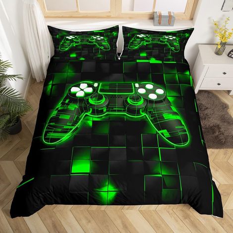 Game Housse de Couette Fille 240 x 260 cm avec 2 Taies d'oreiller, Parure de Lit Enfant Garcon Gaming Sets de Housses de Couettes Gamer Néon Couvre Lit Carré Géométrique, Noir et Vert - 240x260cm + 2 (1/5)