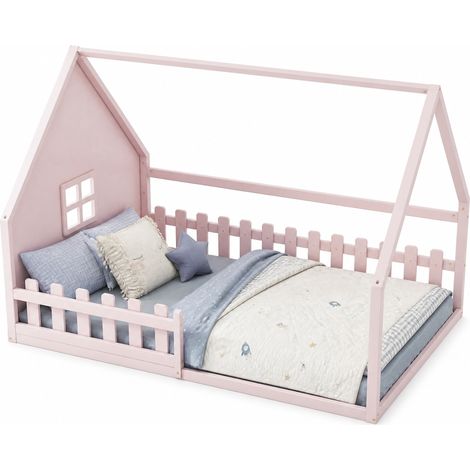 Letto a casetta per bambini 140x200 cm con sponda di sicurezza, pino e MDF, rosa, facile da montare per la cameretta - CHICFURN (1/5)