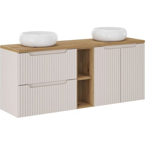 Set VANO Kaschmir und Eiche 140cm: Unterschrankmöbel mit Schubladen und Schränken mit sichtbaren Nischen + runde Aufsatzwaschbecken