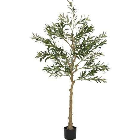Olivier artificiel 150 cm avec 720 feuilles et 40 olives, plante décorative stable en pot cimenté, couleur verte (1/5)