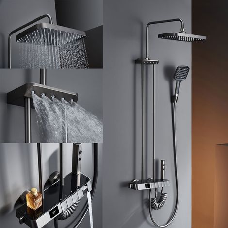 Colonne de Douche Thermostatique, 12in/310mm 5 Fonctions Ensemble de Douche, Buse de Massage, 3 Douchette, Pistolet à Peinture, Robinet de Baignoire Caché, Affichage Numérique (Gris Pistolet) (1/5)