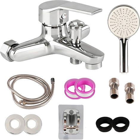 Ensemble de Robinetterie de Douche à Montage Mural Argenté Chrome Ensemble Complet en Laiton Massif, Mitigeur Monocommande avec 3 Fonctions, Douchette, Tuyau de 1,5m (1/5)