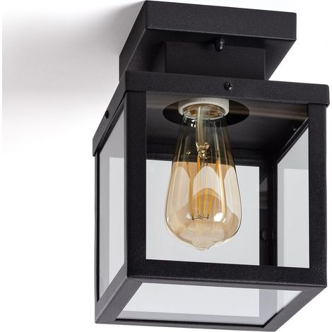 – Plafonnier extérieur hublot en acier inoxydable noir – 4 vitres en verre transparent – Compatible ampoule E27 – Pour éclairage extérieur (1/5)