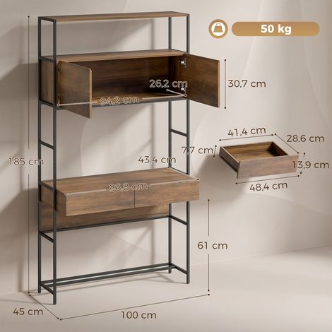 Table à bureau en bois avec 2 tiroirs, rangement intégré, 2 portes et étagères ouvertes, 100 x 45 x 185 cm, finition marron (1/4)