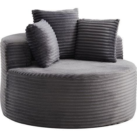 Fauteuil rond velours côtelé Ø 110 cm – siège cosy et détente, livré avec 3 coussins déco, style épuré minimaliste. (1/5)
