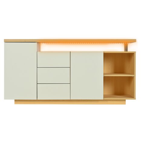 Aparador de 140 cm con iluminación LED, 2 puertas, 3 cajones y 2 compartimentos abiertos para salón y comedor, blanco y color madera