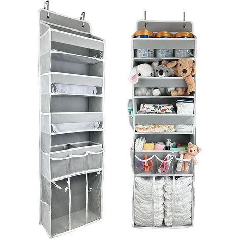 Organisateur de rangement à suspendre sur la porte avec 3 compartiments, 1 sac à langer mobile, 1 grande capacité, 10 poches latérales, rangement pour porte de chambre d'enfant (1/4)