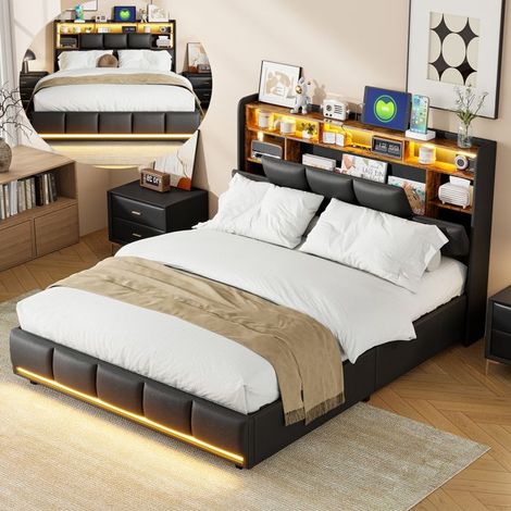 Bett 160x200 cm, Bett mit Stauraum 160x200 cm mit Lattenrost, Kopfteil mit Stauraum und USB, LED, Erwachsenenbett mit Hydraulik, PU, Schwarz