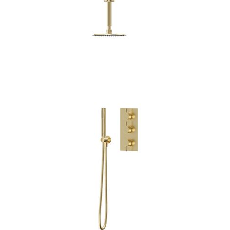 Colore Brushed Brass Triple Thermostatic Valve Mixer Shower Including 200mm Round Fixed Shower Head with Ceiling Arm and Round Shower Outlet Holder with Kit - 2 Outlet (1/3)