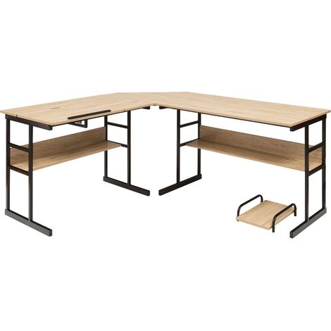 Bureau d'angle en forme de l 170 x 150 x 75 cm ajustable avec 2 étagères ouvertes design moderne en bois métal naturel