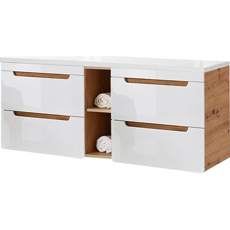 Waschtischunterschrank 141 cm mit 4 Auszügen LUTON-56 in Hochglanz weiß mit Wotan Eiche Nb., B/H/T ca. 141/61,5/46 cm (1/5)