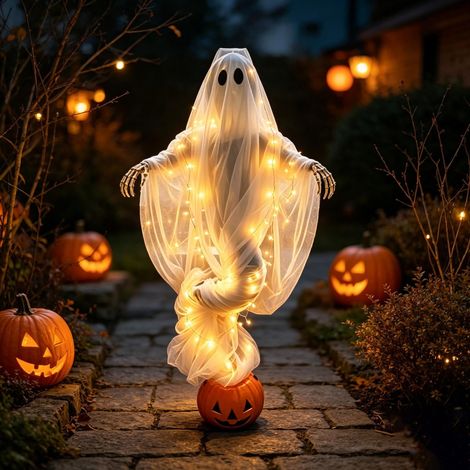 Lampe Halloween LED Squelette Fantôme avec Citrouille, Décoration Extérieure pour Jardin, Terrasse et Porche (1/5)
