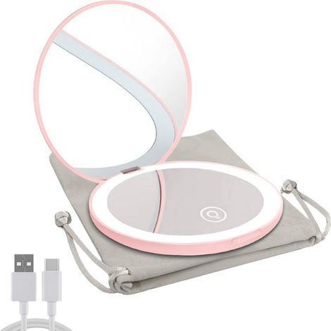 Miroir de poche compact à LED rechargeable avec compartiment - Miroir de maquillage portable - Luminosité réglable - Grossissement 1x et 10x - Plastique ABS de haute qualité - Design élégant - Idéal p (1/5)