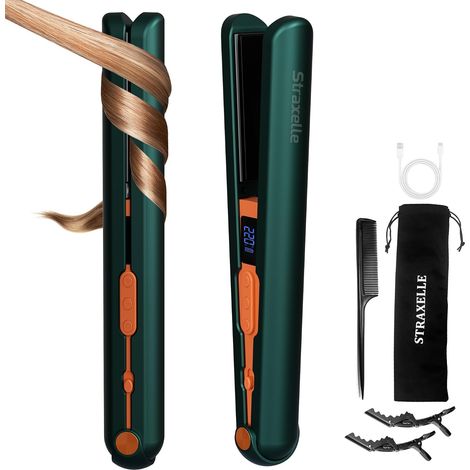 10000mAh Cordless Hair Straightener and Curler 2 in 1 Travel Styling Tool  LED Display with 4 Heat Levels 320°F-428°F, Long Life Battery Life Wireless Hair Straightener, Dark Green (1/5)
