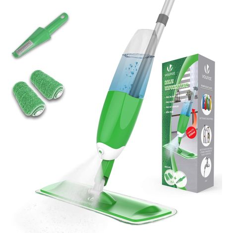 BALAI VAPORISATEUR BALAI LAVE SOL récipient eau 650ML Balai de nettoyage sol avec vaporisateur intégré tête flexible 360 degré 2 Chiffons microfibre 1 brosse nettoyage inclus Vert (1/5)