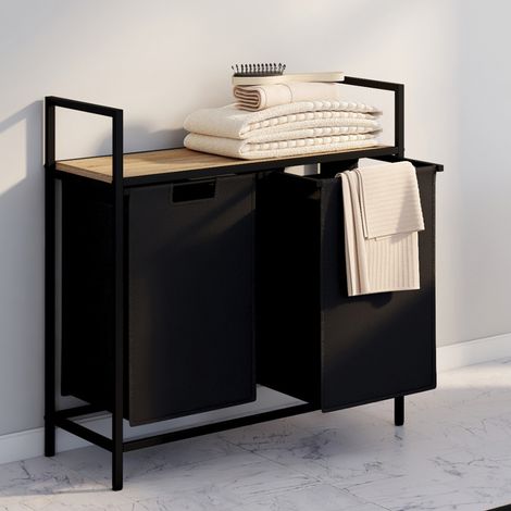 DETROIT Cesto para la ropa de 2 compartimentos en tejido negro, diseño industrial (1/5)