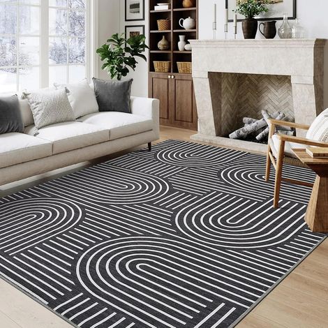 Tapis Lavable Antidérapant, Moquette à Poils Courts En Polyester Avec Motif Arc-En-Ciel Abstrait, Résistant Aux Taches Et à l'Eau Pour Salon, Chambre à Coucher Et Bureau - noir /200290cm (1/5)