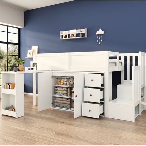 Letto a soppalco per bambini moderno 90x200 cm in MDF bianco, con scrivania estraibile, armadio, cassetto, scala contenitore e rete (1/5)