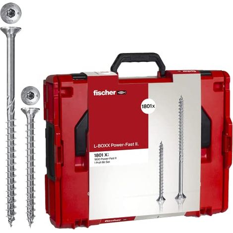 Fischer, Powerfast L-Boxx 560783, Valigetta Attrezzi Impilabile, Assortimento Viti per Legno e Truciolare, con Filettatura Totale e Parziale, Impronta Torx, Ø 3-3,5-4-5-6 mm, 1 Set 10 Punte, 1801 pz (1/4)