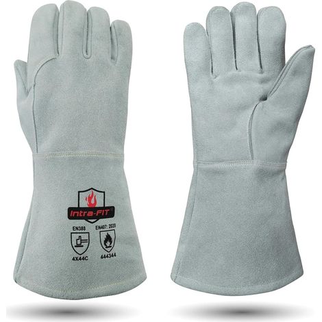 Gants de barbecue en cuir - Résistants à la chaleur jusqu'à 500 °C - En croûte de cuir de vachette ignifuge - Longues manchettes pour four, foyer, soudure, forge, barbecue