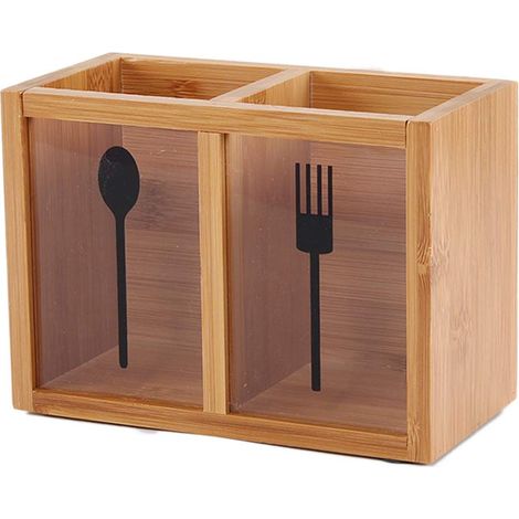 Porte-couverts en bois 2 compartiments - Range-ustensiles de cuisine rustique, support vertical pour couteaux, cuillères, spatules, baguettes - Organisateur de cuisine (style 3)