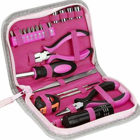 Coffret d'outils rose 23 pièces pour femme, comprenant un mètre ruban, une pince coupante, des douilles et un tournevis, idéal pour le bricolage, les réparations à domicile et au bureau. (1/5)