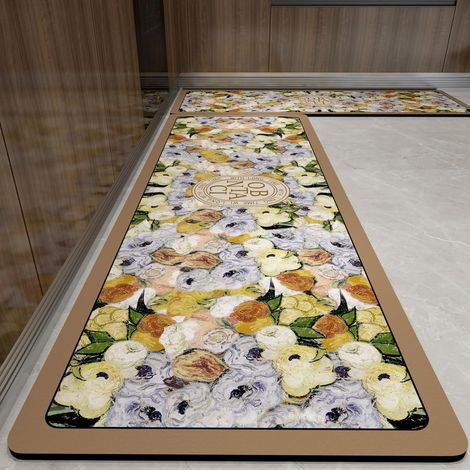 Lot de 2 Tapis Cuisine Long Antidérapant au Design - Lavable Absorbant Diatomite Cuisine Devant Evier Tapis de Bain Vaisselle Douche (Fleurs Colorées,60x90cm+60x160cm) (1/5)