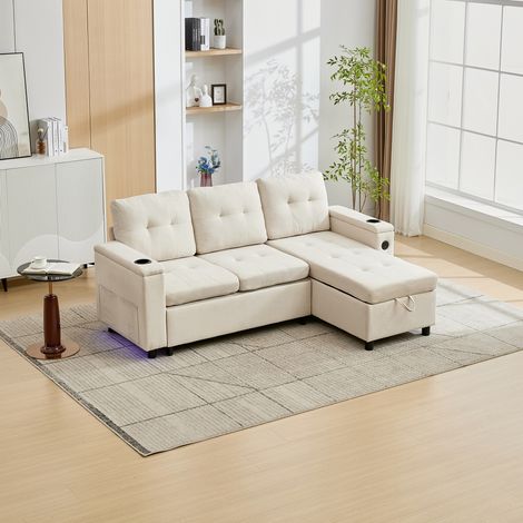 Canapé 3 places convertible 208 x 146 x 89,5 cm, canapé-lit pliant avec rangement dissimulé, canapé d’ambiance avec bande LED, canapé d’angle Treviso, canapé en L, beige (1/5)